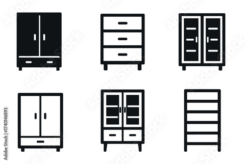 Cabinet and wardrobe furniture icon set. Vector black symbols of storage and interior design