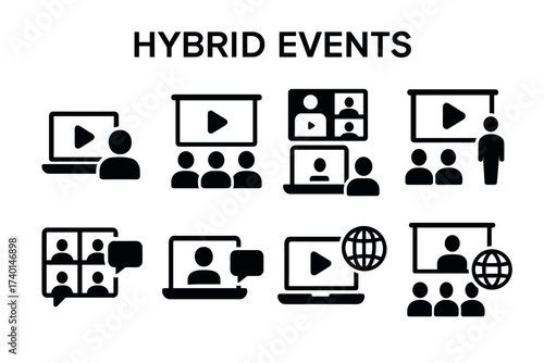 Hybrid Events Icon Set. Vector black symbols of online conference, video call, live stream, and virtual meeting illustrations
