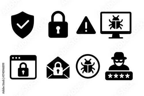 Cyber security and virus protection icon set. Vector black symbols of digital safety and threats