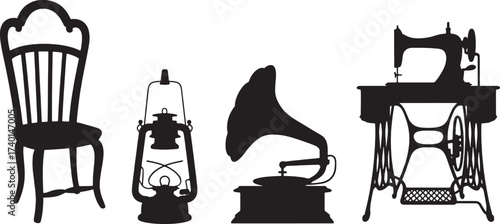 Black silhouette collection of vintage objects including a chair a lantern a gramophone and a sewing machine
