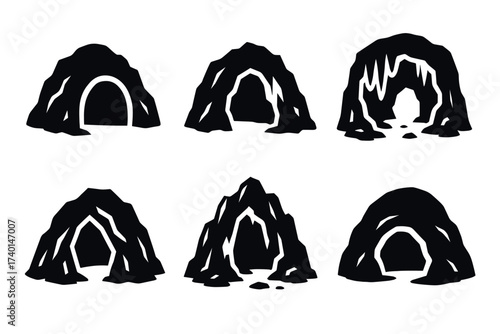 Caves icon set. Vector black symbols of mountains and natural shelters glyph illustrations