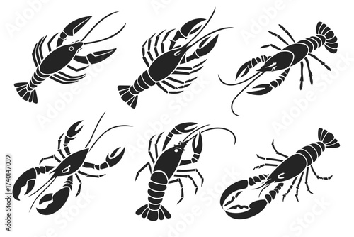 Minimalist crayfish icon set in black and white