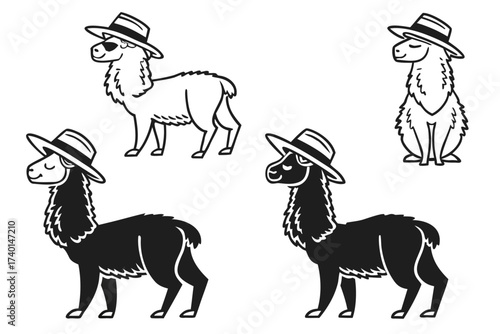 Cute minimalist alpaca wearing a hat icon set