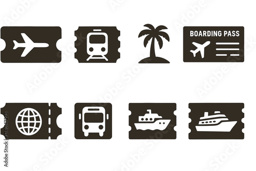 Travel tickets icon set. Vector black symbols of transport and boarding glyph illustrations