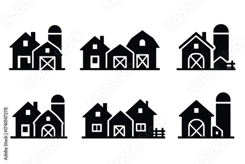 Farm buildings icon set. Vector black symbols of barns and agriculture glyph illustrations