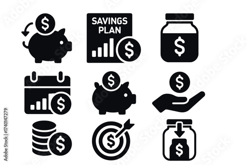 Savings plan icon set. Vector black symbols of finance, money, and piggy bank glyph illustrations