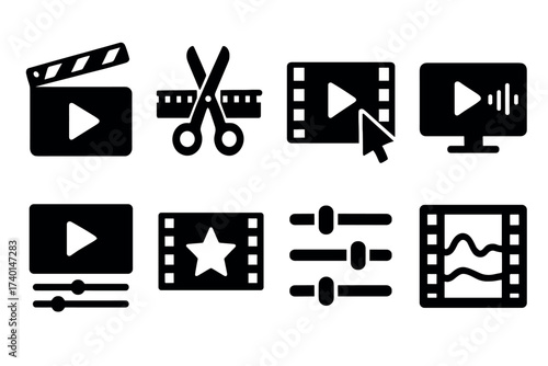 Video editing icon set. Vector black symbols of film, media, and production glyph illustrations