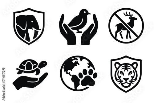 Animal conservation icon set. Vector black symbols of endangered species glyph illustrations
