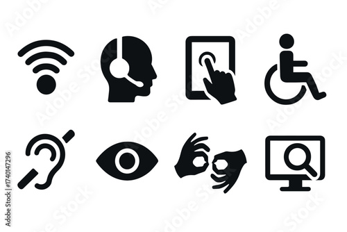Accessibility services icon set. Vector black symbols of disability and support glyph illustrations