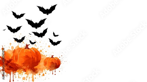 A flurry of bats dances above watercolor pumpkins, creating an eerie, festive autumn celebration.