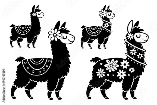 Cute minimalist llama with flowers icon set