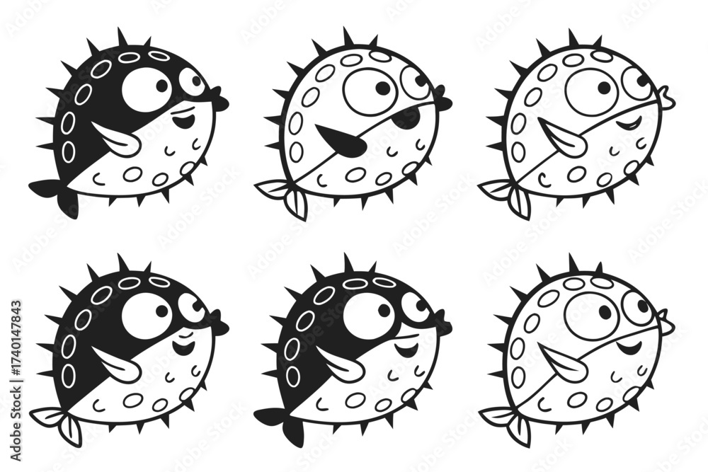 Fototapeta premium Cute minimalist pufferfish icon set for design projects