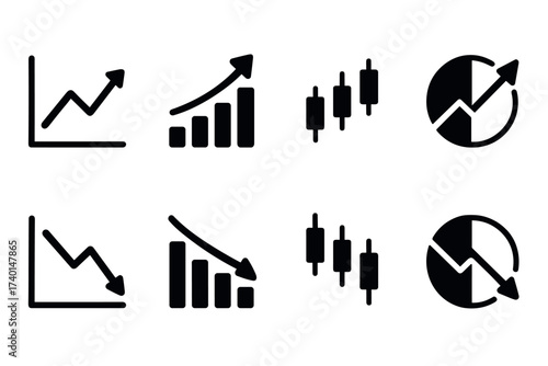 Stock market icon set. Vector black symbols of chart and trading glyph illustrations