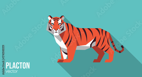 A flat design vector illustration of a powerful tiger standing on a teal background with a long shadow.