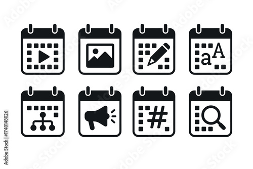 Content plan and social media calendar icon set. Vector black symbols of scheduling and marketing