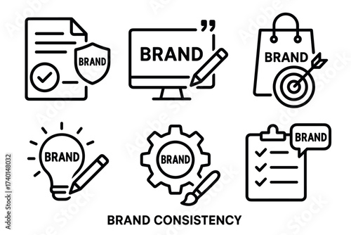 Brand consistency and marketing identity icon set. Vector black symbols of corporate style and branding