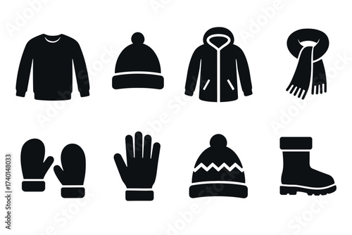 Winter clothes and cold weather apparel icon set. Vector black symbols of seasonal garments