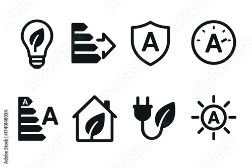 Energy efficiency and green power icon set. Vector black symbols of eco-friendly consumption