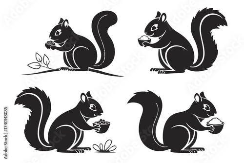 Cute minimalist squirrel eating icon set