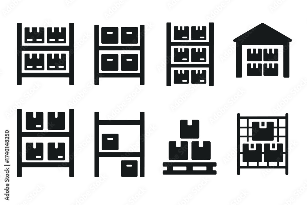 Fototapeta premium Warehouse and storage icon set. Vector black symbols of inventory and logistics