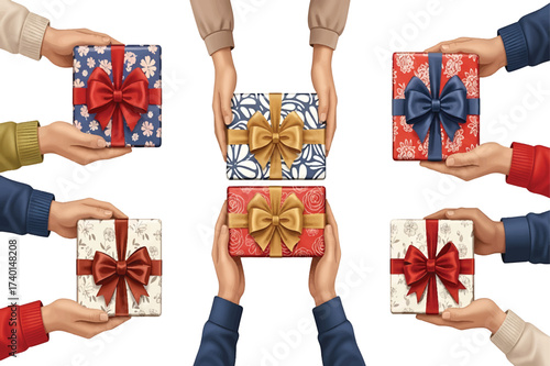 Illustration of diverse hands exchanging gifts and presents