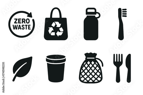Zero waste and eco-friendly lifestyle icon set. Vector black symbols of reusable items and sustainability