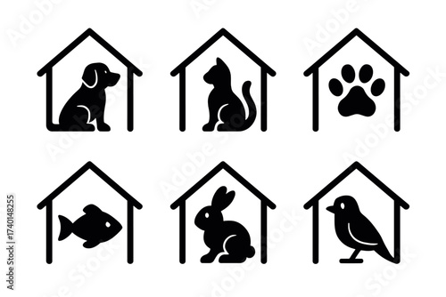 Pet shelter and animal care icon set. Vector black symbols of domestic animals and adoption