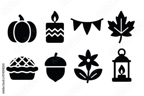 Autumn and Thanksgiving season icon set. Vector black symbols of fall and harvest festival