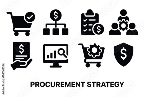 Procurement strategy and purchasing icon set. Vector black symbols of supply chain and sourcing