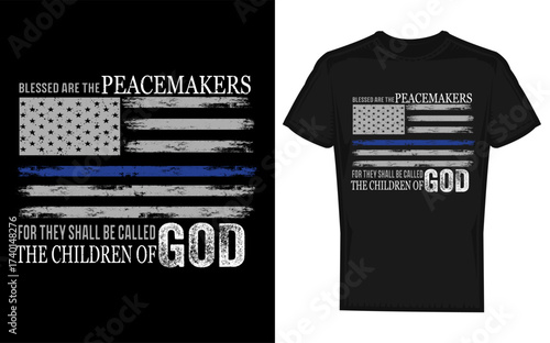 Silhouette of a distressed thin blue line american flag with a bible verse symbolizing support for law enforcement and faith