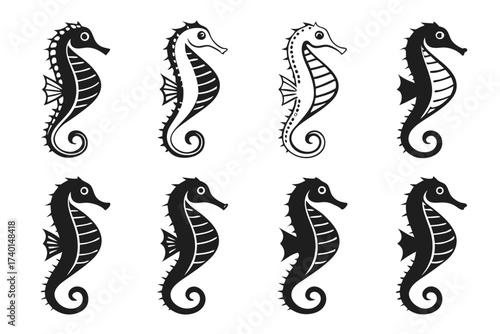 Decorative seahorse icon set with yellow and black accents