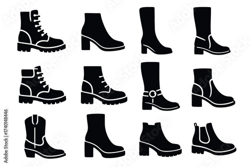 Women's boots and footwear icon set. Vector black symbols of fashion and shoes