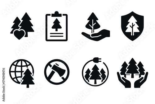 Forest conservation and ecology icon set. Vector black symbols of environmental protection and trees