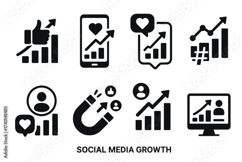 Social media growth and marketing analytics icon set. Vector black symbols of engagement and followers
