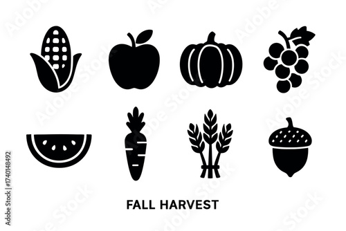 Fall harvest and autumn food icon set. Vector black symbols of seasonal vegetables and fruits