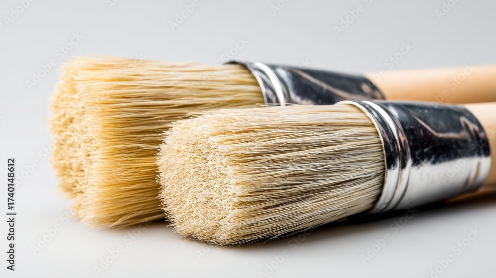 Fototapeta premium Close up of paint brushes with soft bristles on neutral background