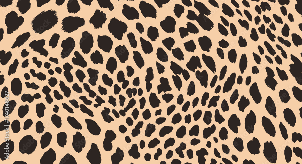 Fototapeta premium A seamless, repeating leopard print pattern with irregular black spots on a light brown background, creating a classic animal fur texture.