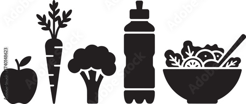Black silhouette icons of apple carrot broccoli bottle and salad in bowl vector