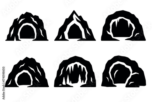 Cave and cavern icon set. Vector black symbols of rock entrances and underground grottos