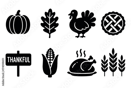 Thanksgiving holiday and autumn festival icon set. Vector black symbols of harvest and gratitude