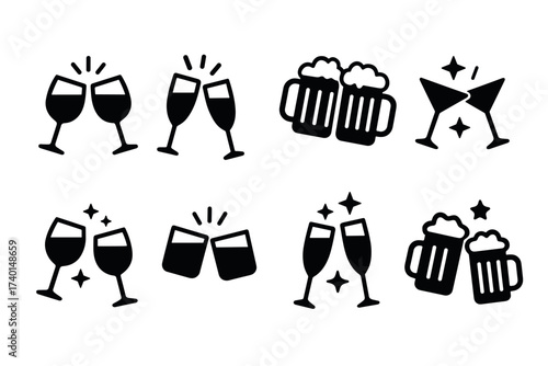 Cheers and toasting drinks icon set. Vector black symbols of celebration and party