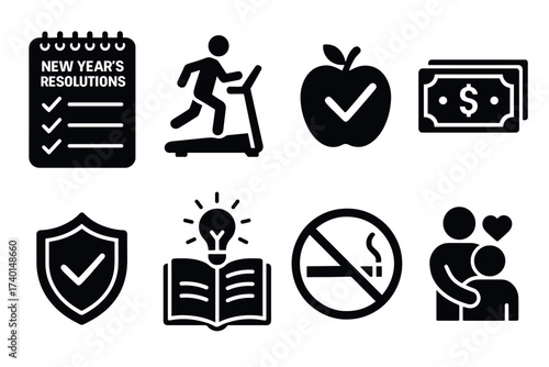 New Year Resolution Icon Set. Vector black lifestyle symbols of checklist, fitness, healthy eating, savings, education, family, and no smoking glyph illustrations
