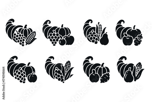 Cornucopia and harvest festival icon set. Vector black symbols of abundance and Thanksgiving