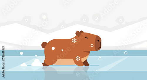 A cute cartoon capybara walks across a frozen surface as snowflakes gently fall in a winter scene.