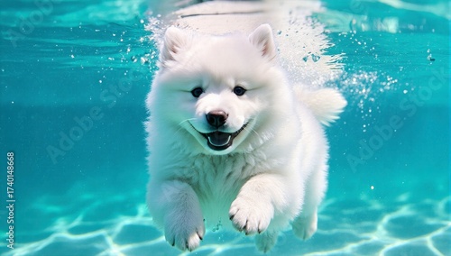 Cute Samoyed Puppy Swimming In Clear Turquoise Pool Water Summer Fun