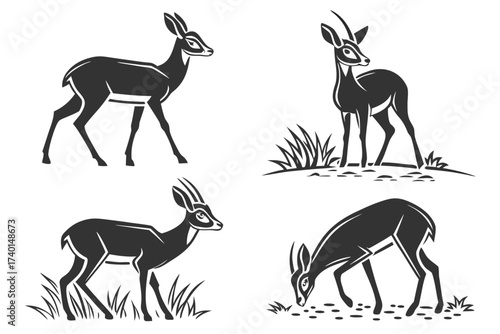 Set of minimalist dik dik antelope icons in black and yellow