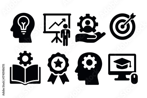 Skills and personal development icon set. Vector black symbols of expertise and education