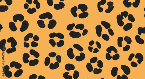 A seamless leopard print pattern with black rosettes on a warm yellow-orange background, creating a classic animal fur texture.