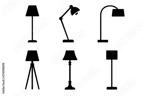 Lamp and lighting icon set. Vector black symbols of home and office light fixtures