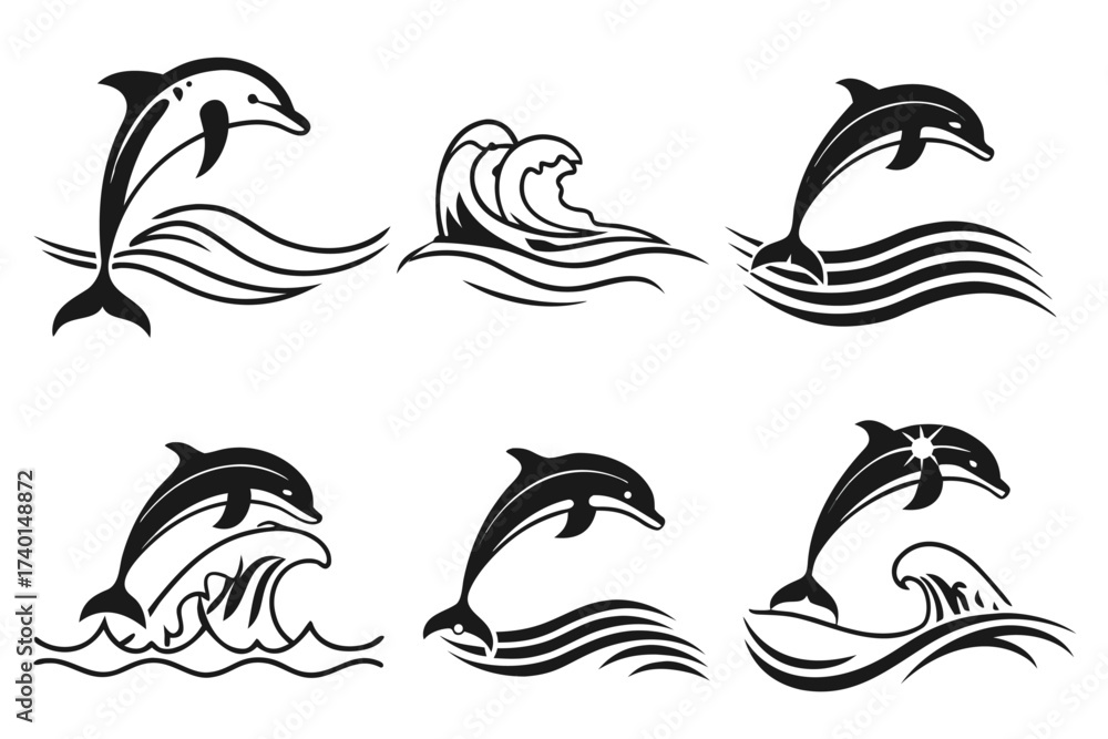 Naklejka premium Minimalist dolphin jumping over waves icon set